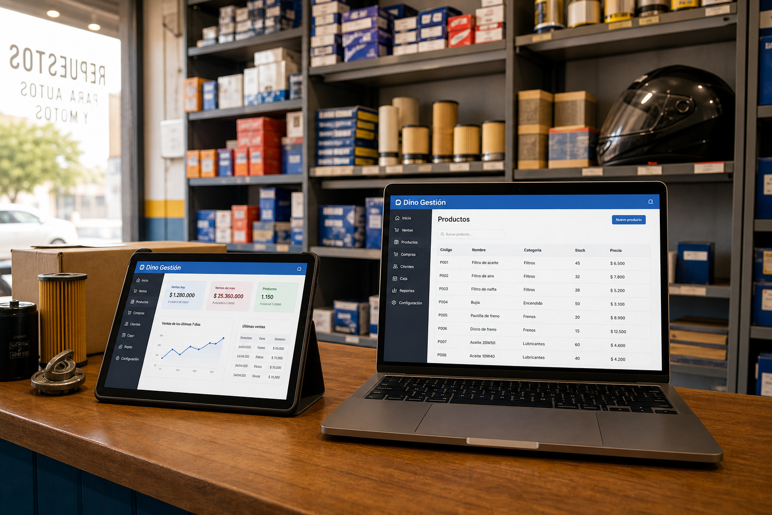 Mostrador de repuestos usando Dino Gestión en tablet y notebook